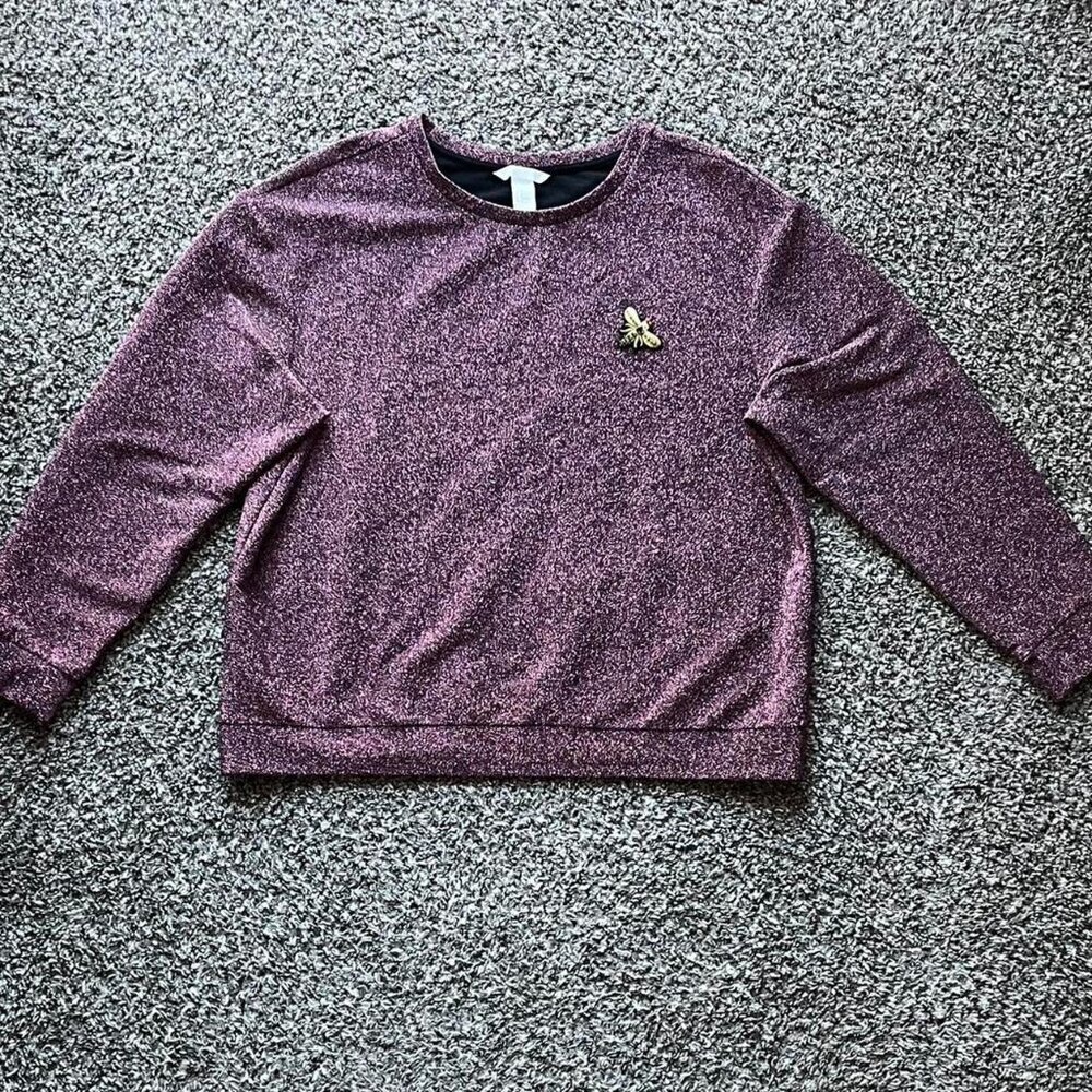 H&M Purple Glittery Long Sleeve Blouse Women M Cottagecore Metallic Bee Patch